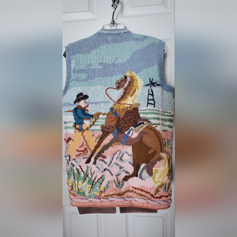 Berek MartaD Western Cowboy Theme Knit Vest Hand Knit 100% Pima Cotton VTG 1992